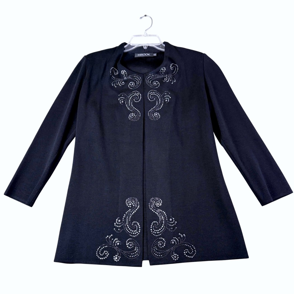 Vintage Misook Black Knit Cardigan Jacket Rhinestone Embellished Open Front XS